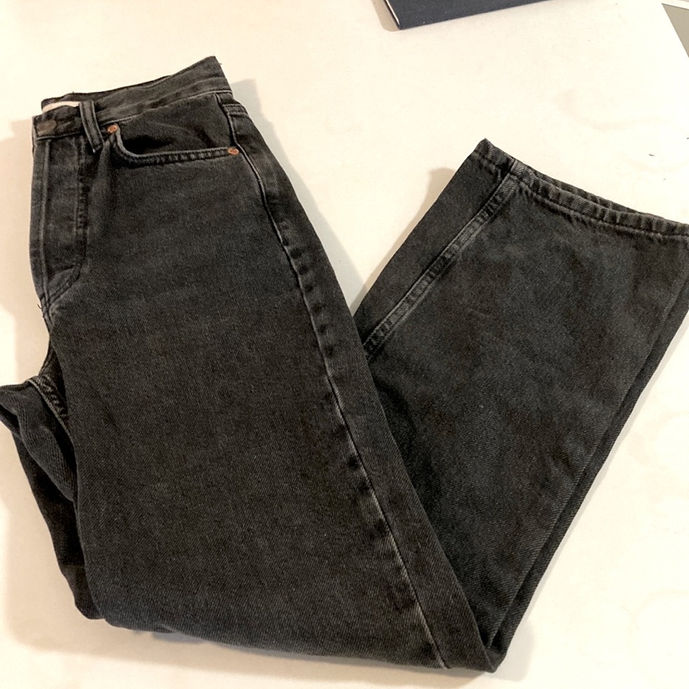 Topshop Petite washed black Kort high waisted wide leg jeans